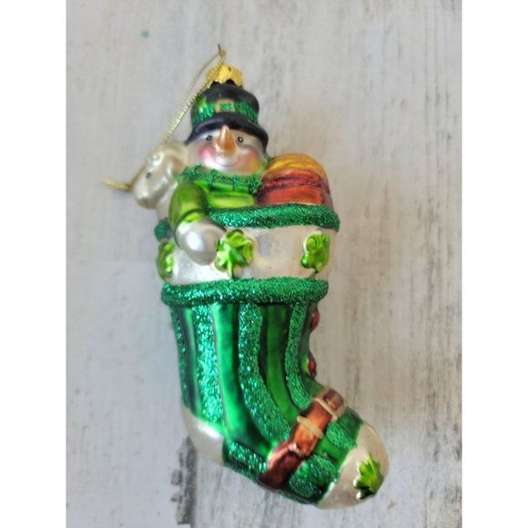St Patrick's snowman's stocking gold Clover glitter blown glass ornament - Picture 1 of 6
